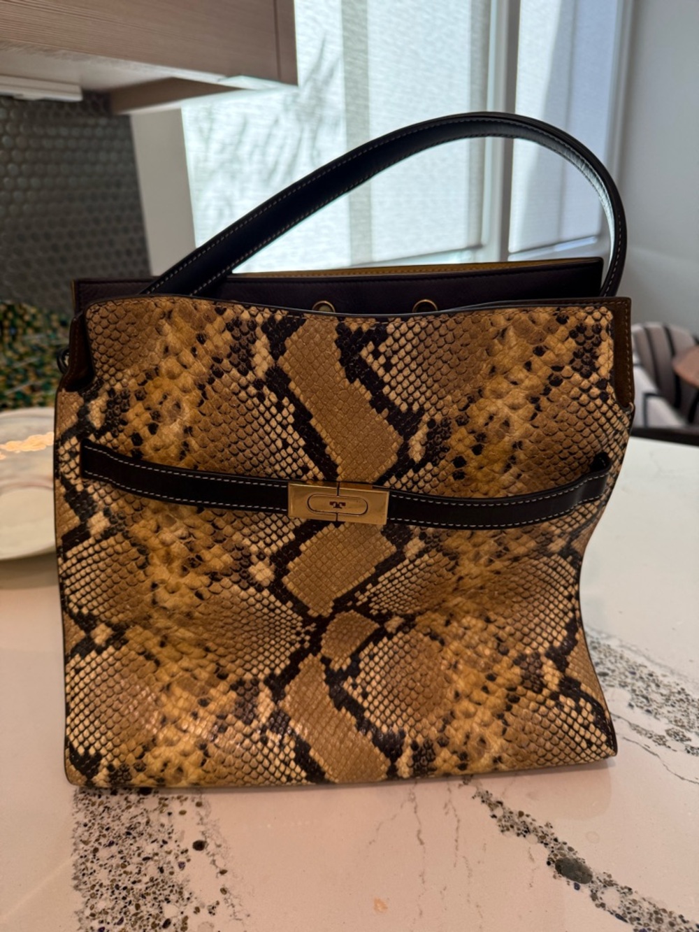 Like New Lee Radzwill (Tory Burch) Python large Tote in Tan and Black snakeskin